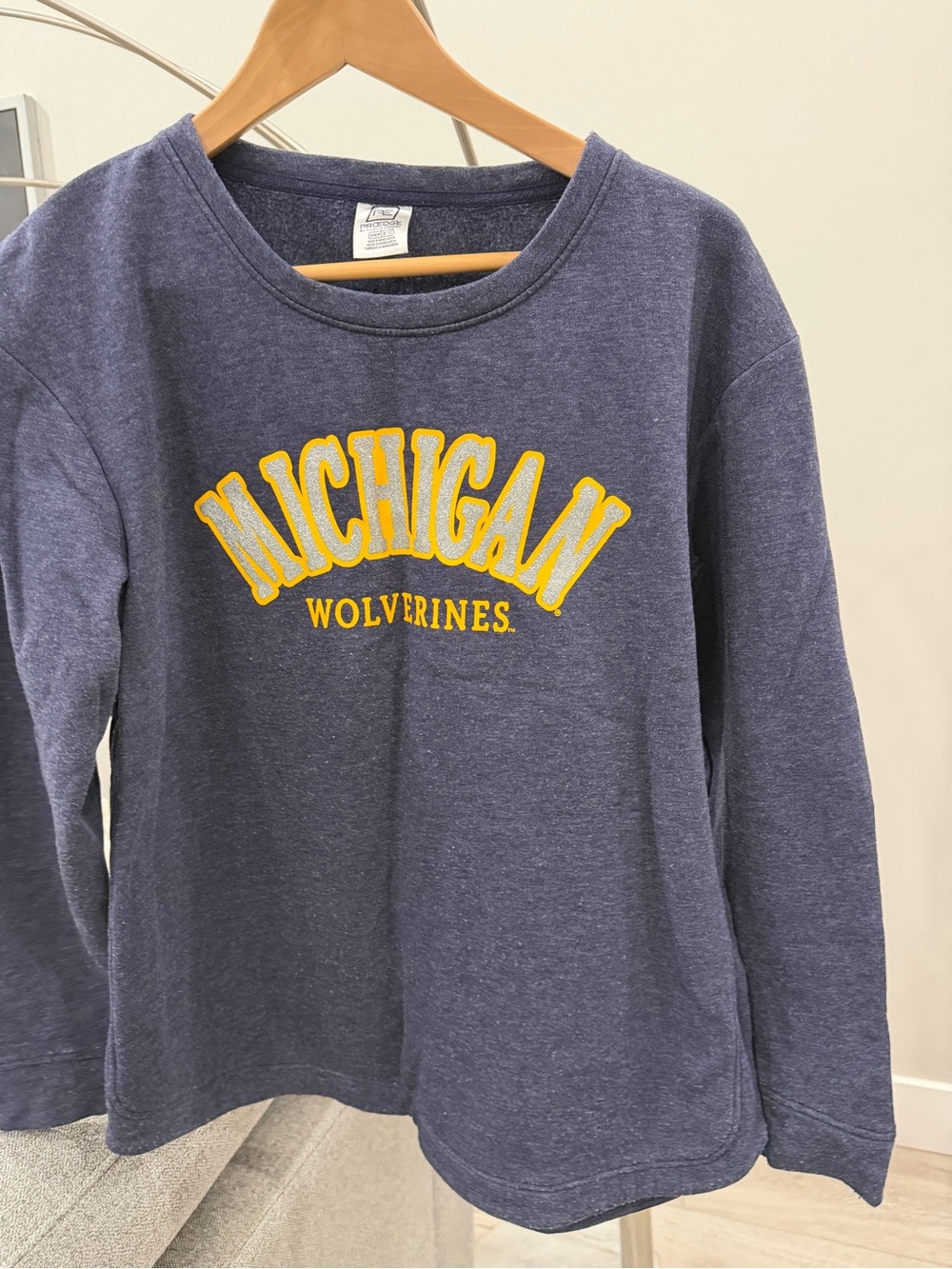 Pro Edge Navy Long Sleeve Michigan Wolverines Tee with Yellow Lettering